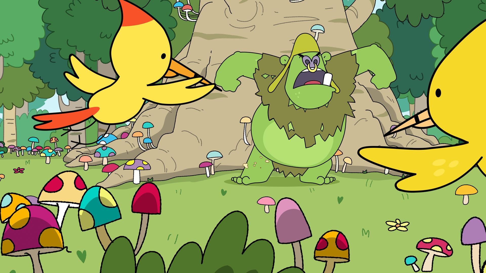 Ein grüner Oger steht wütend brüllend und mit hoch erhobenen, ausgebreiteten Armen vor einem riesigen Baum. Zwei goldgelbe Vögel, Phoenix-Holzspechte, flattern aufgeregt umher. Rings herum auf der Wiese sprießen bunte Pilze.
