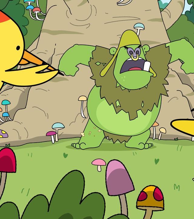 Ein grüner Oger steht wütend brüllend und mit hoch erhobenen, ausgebreiteten Armen vor einem riesigen Baum. Zwei goldgelbe Vögel, Phoenix-Holzspechte, flattern aufgeregt umher. Rings herum auf der Wiese sprießen bunte Pilze.