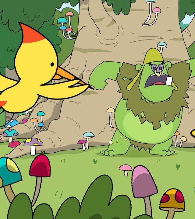 Ein grüner Oger steht wütend brüllend und mit hoch erhobenen, ausgebreiteten Armen vor einem riesigen Baum. Zwei goldgelbe Vögel, Phoenix-Holzspechte, flattern aufgeregt umher. Rings herum auf der Wiese sprießen bunte Pilze.