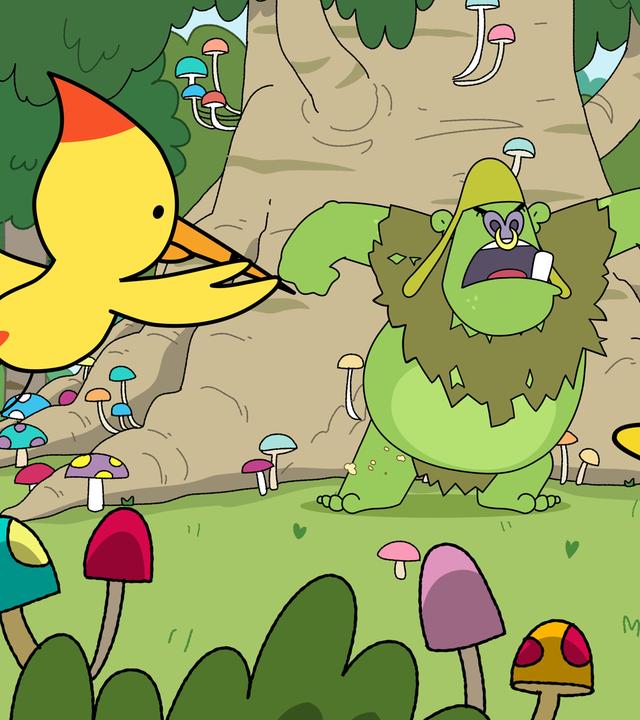 Ein grüner Oger steht wütend brüllend und mit hoch erhobenen, ausgebreiteten Armen vor einem riesigen Baum. Zwei goldgelbe Vögel, Phoenix-Holzspechte, flattern aufgeregt umher. Rings herum auf der Wiese sprießen bunte Pilze.