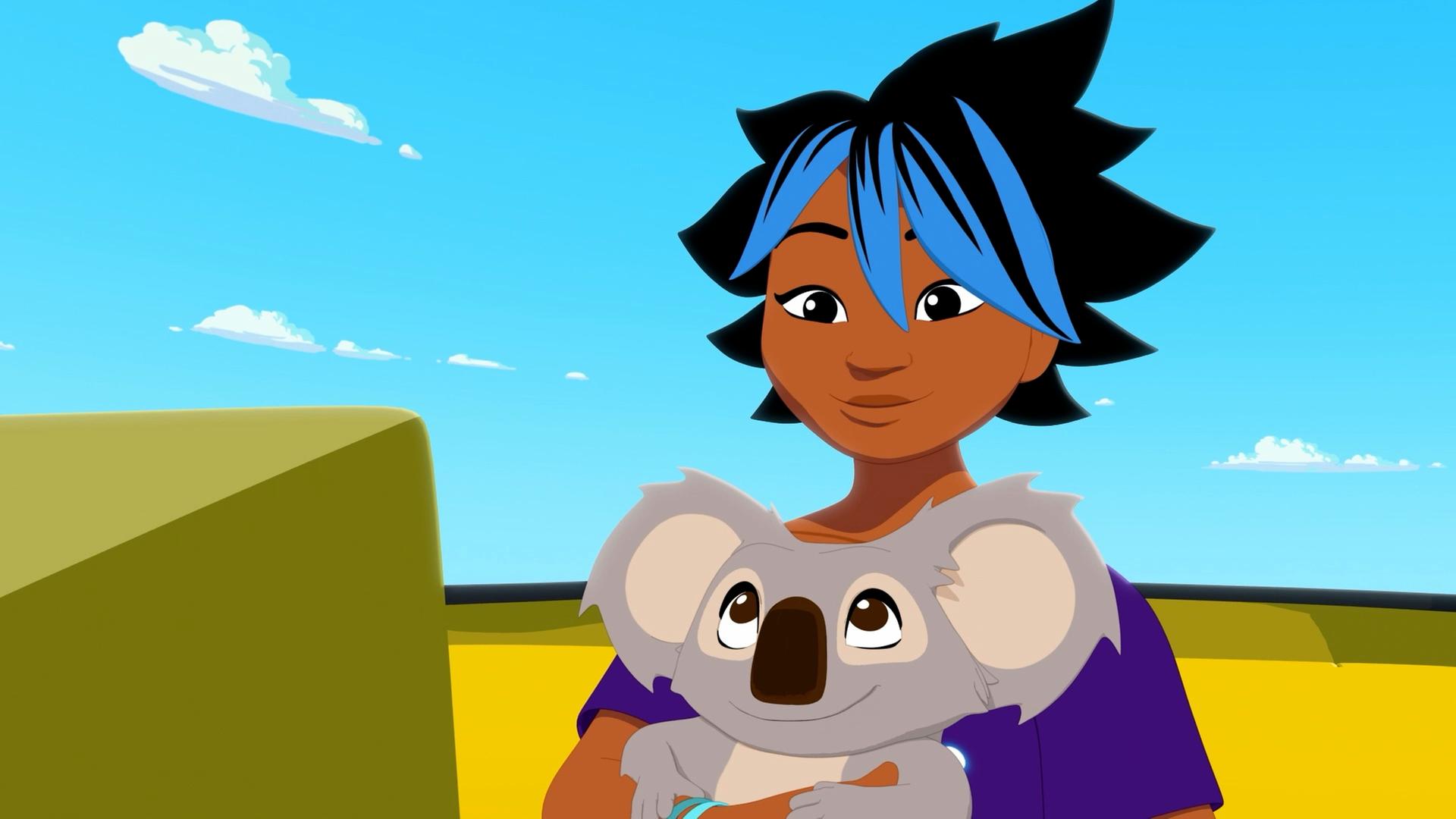 Maimiti sitzt mit Koala Raoul in einem Boot und schaut sehr traurig aus.