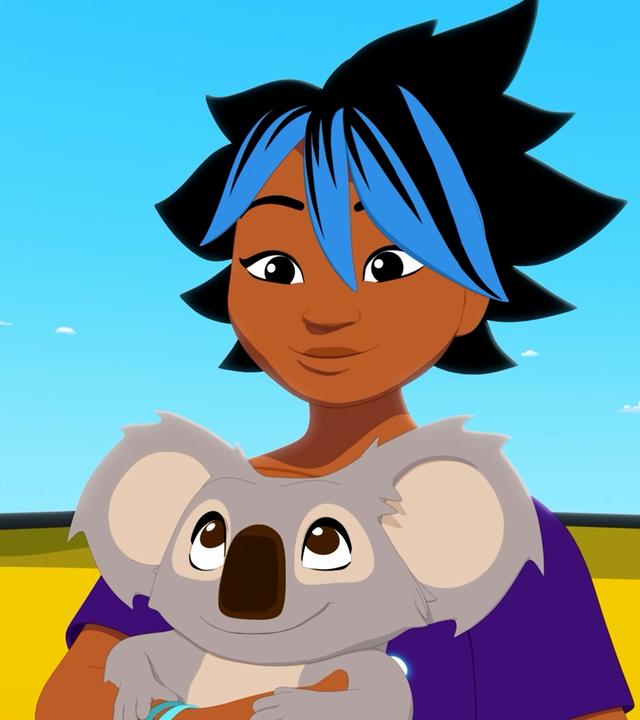 Maimiti sitzt mit Koala Raoul in einem Boot und schaut sehr traurig aus.