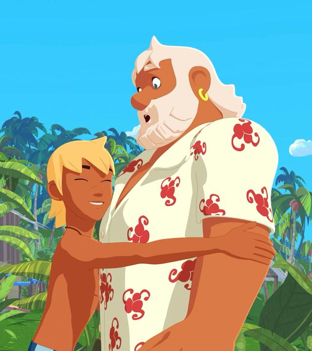 Yann umarmt seinen Onkel Patrick, der ganz überrascht schaut.