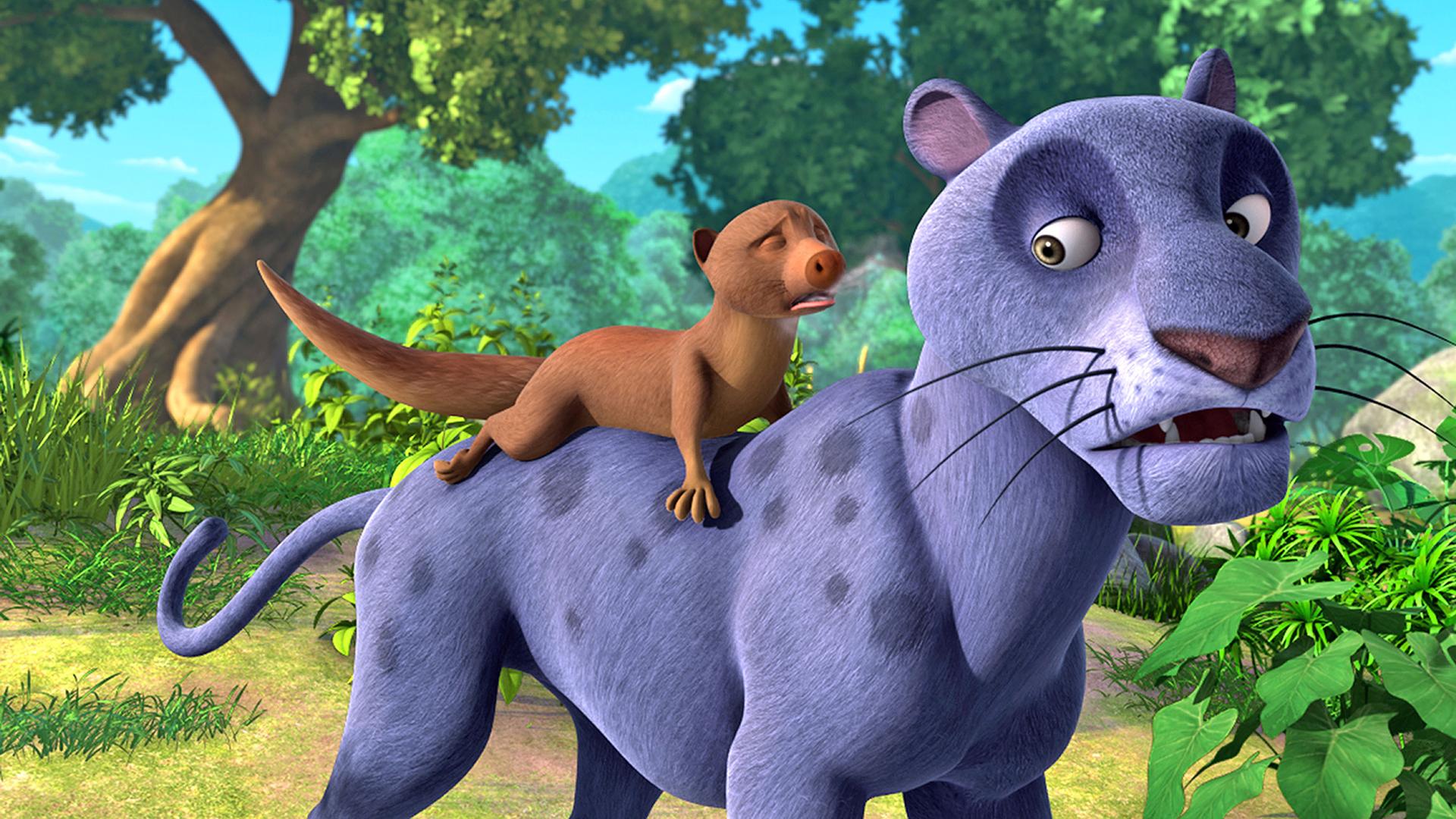 Rikki-Tikki liegt auf dem Rücken von Baghira. Der Mungo sieht leidend aus.