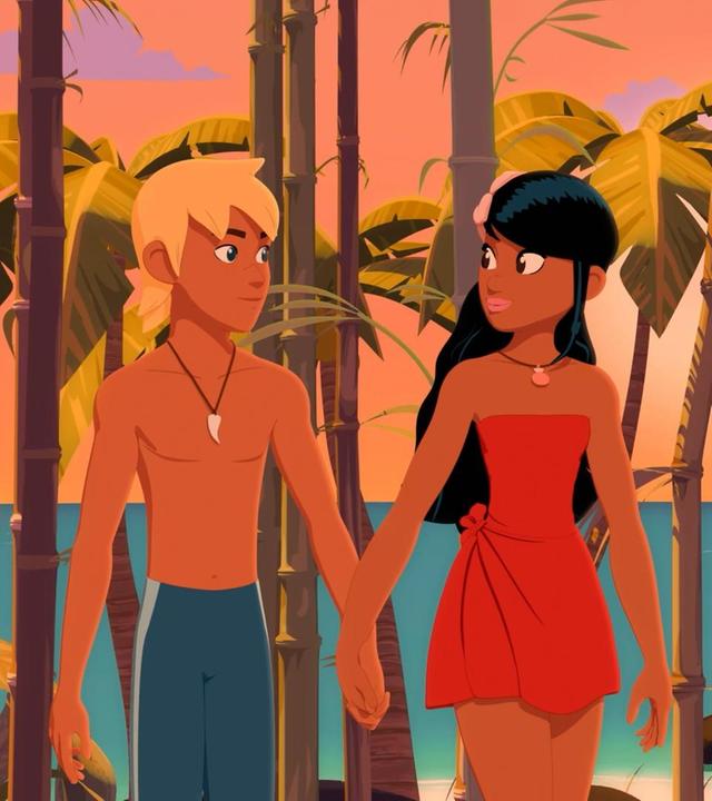 Yann und Timeti laufen Hand in Hand durch einen Bambus-Wald. Das Licht ist warm und rosa vom baldigen Sonnenuntergang.