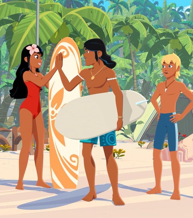 Am Strand stehen Timeti, Auru und Yann. Auru hat ein Surfbrett unterm linken Arm, mit der rechten Hand drückt er die Hand von Timeti, die ihm Glück wünscht. Yann schaut den beiden zu. Neben Timeti und Yann stecken Surfbretter im Sand. Hinter der Gruppe ragen Palmen aus dem Sand.