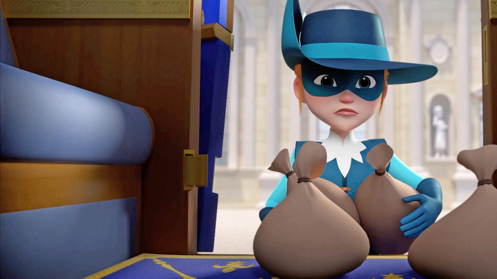 Athos steht mit entschlossenem und ernstem Blick direkt vor der geöffneten Kutsche. Sie hält zwei Säcke in ihren Händen. Vor ihr in der Kutsche stehen ebenfalls zwei Säcke. Im Hintergrund ist der Palast zu sehen.