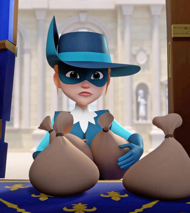 Athos steht mit entschlossenem und ernstem Blick direkt vor der geöffneten Kutsche. Sie hält zwei Säcke in ihren Händen. Vor ihr in der Kutsche stehen ebenfalls zwei Säcke. Im Hintergrund ist der Palast zu sehen.