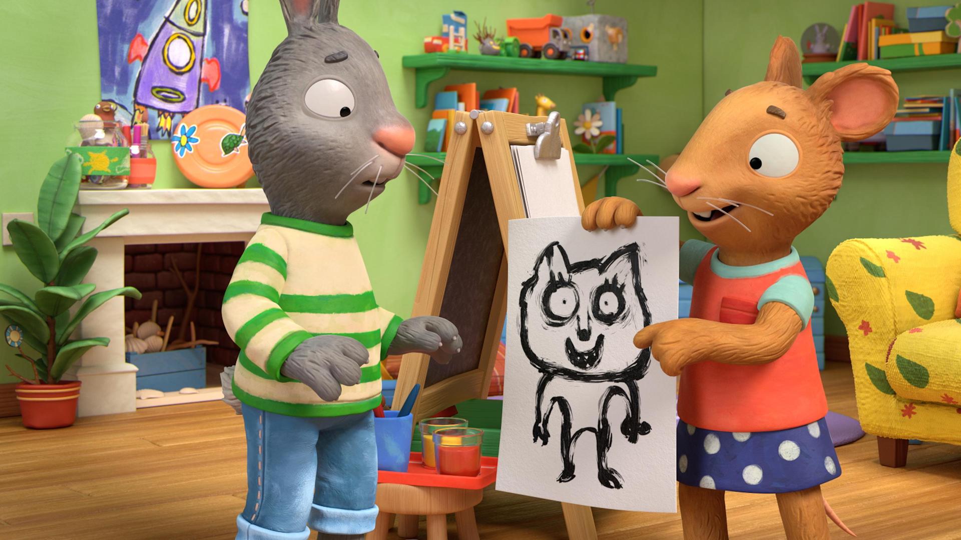 Die beiden besten Freunde Pip, das Kaninchen und Posy die Maus stehen im Haus vor einer Staffelei. Posy hält ein selbst gemaltes Bild in der Hand und zeigt darauf. Auf dem Bild ist eine Figur zu sehen, die gruselig aussieht. Während Posy ganz begeistert scheint und lächelt, steht dieser eingeschüchtert daneben. Seine Augen sind auf das Bild gerichtet und sehen ängstlich aus.