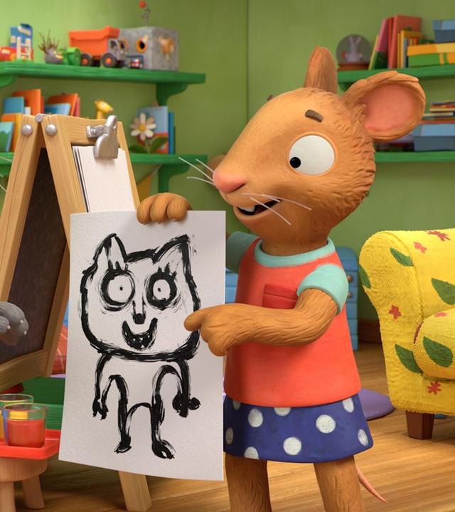 Die beiden besten Freunde Pip, das Kaninchen und Posy die Maus stehen im Haus vor einer Staffelei. Posy hält ein selbst gemaltes Bild in der Hand und zeigt darauf. Auf dem Bild ist eine Figur zu sehen, die gruselig aussieht. Während Posy ganz begeistert scheint und lächelt, steht dieser eingeschüchtert daneben. Seine Augen sind auf das Bild gerichtet und sehen ängstlich aus.