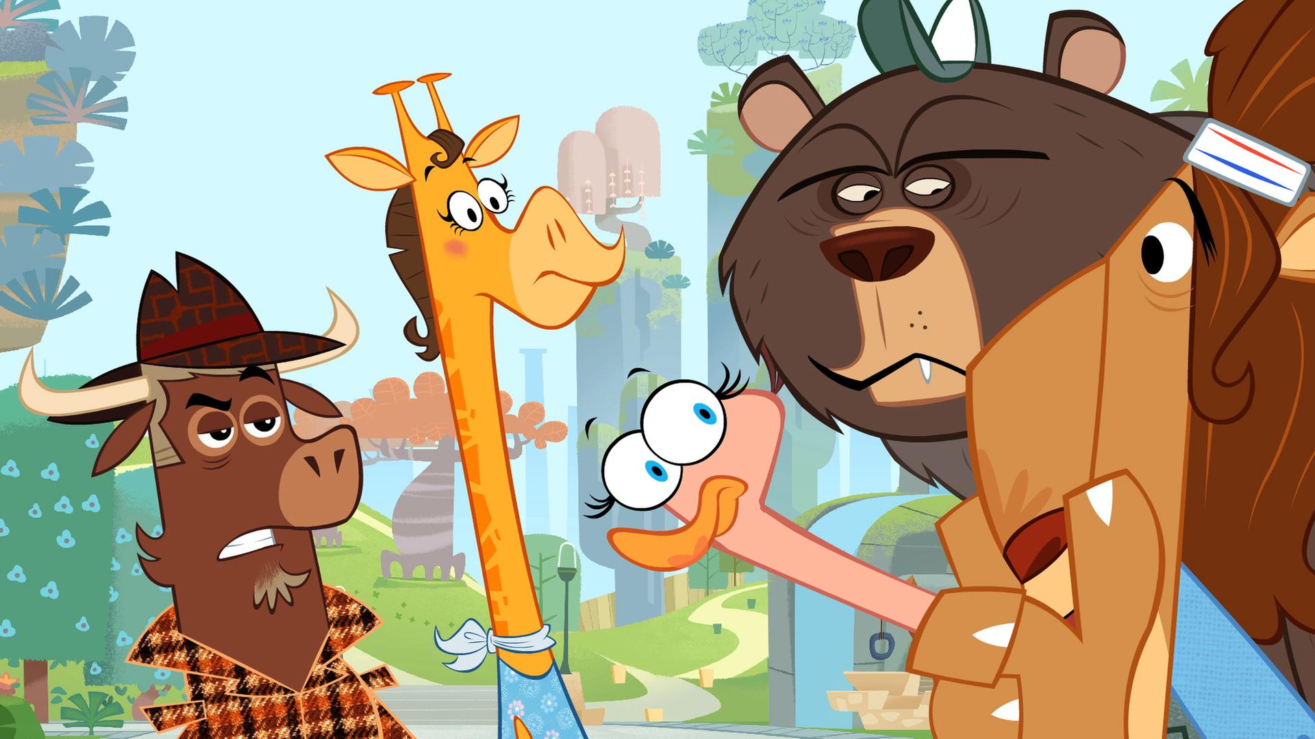 Sherlock Yack steht neben der Giraffe, Fräulein Strauß, dem Grizzly und dem Löwen. Sherlock Yack runzelt die Stirn, während die anderen Tiere erschrocken aussehen.