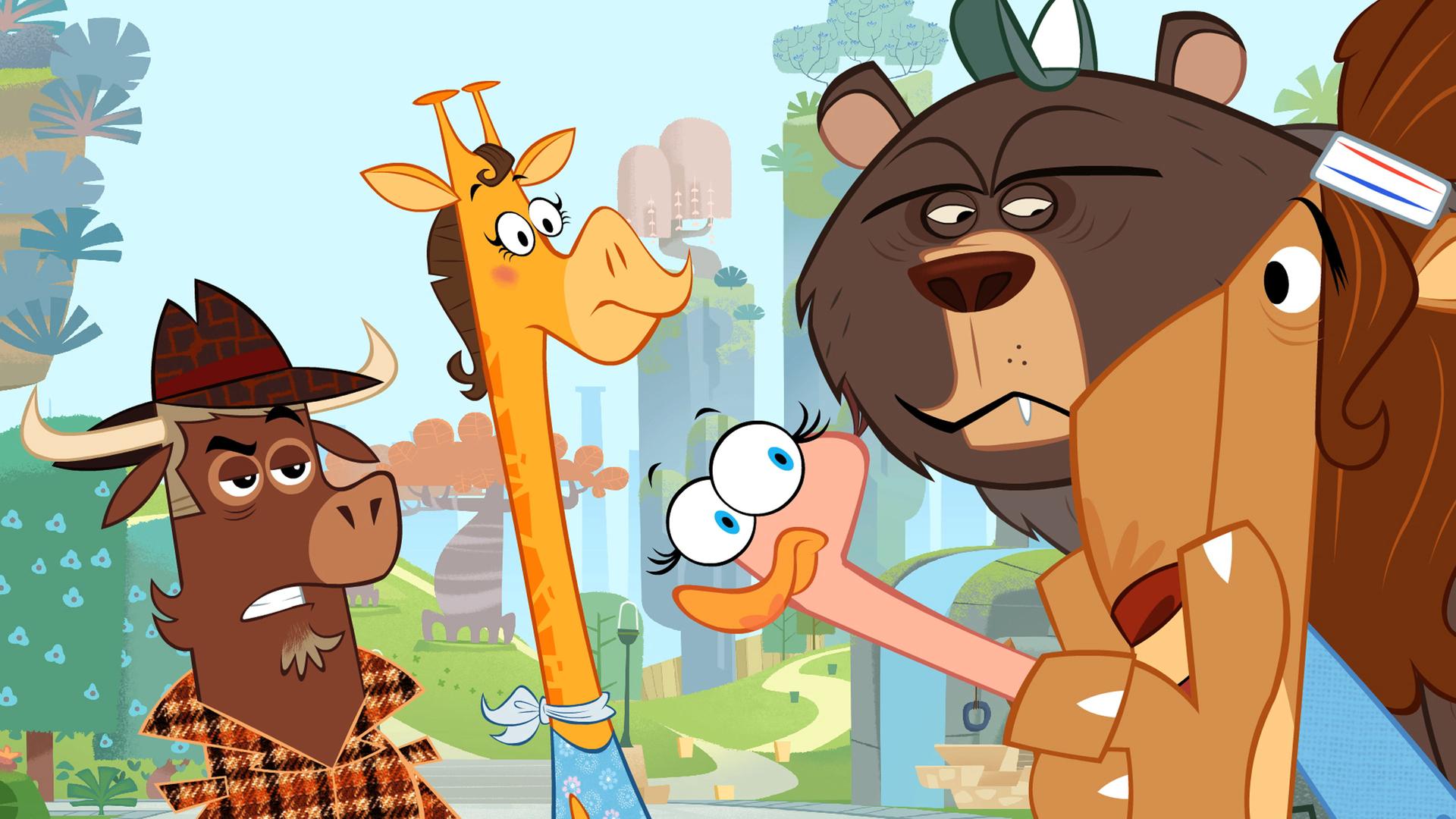 Sherlock Yack steht neben der Giraffe, Fräulein Strauß, dem Grizzly und dem Löwen. Sherlock Yack runzelt die Stirn, während die anderen Tiere erschrocken aussehen.