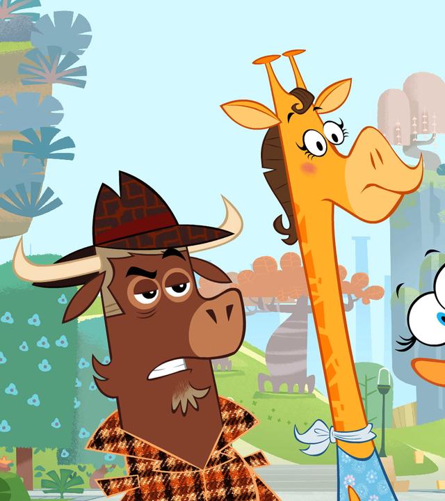 Sherlock Yack steht neben der Giraffe, Fräulein Strauß, dem Grizzly und dem Löwen. Sherlock Yack runzelt die Stirn, während die anderen Tiere erschrocken aussehen.