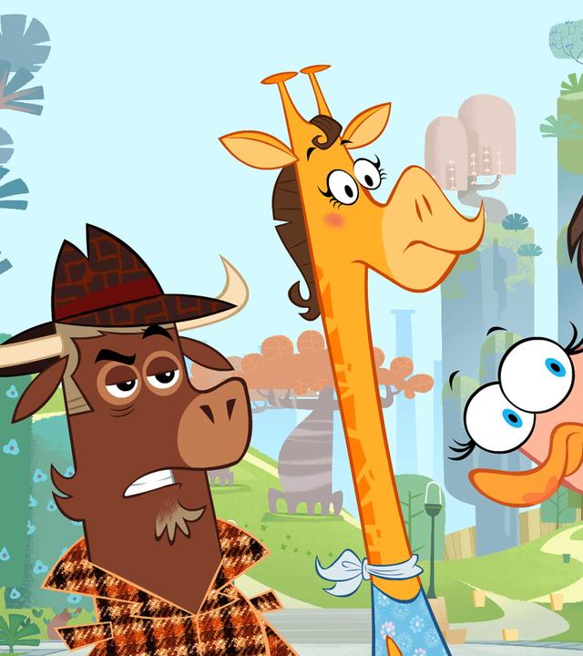 Sherlock Yack steht neben der Giraffe, Fräulein Strauß, dem Grizzly und dem Löwen. Sherlock Yack runzelt die Stirn, während die anderen Tiere erschrocken aussehen.