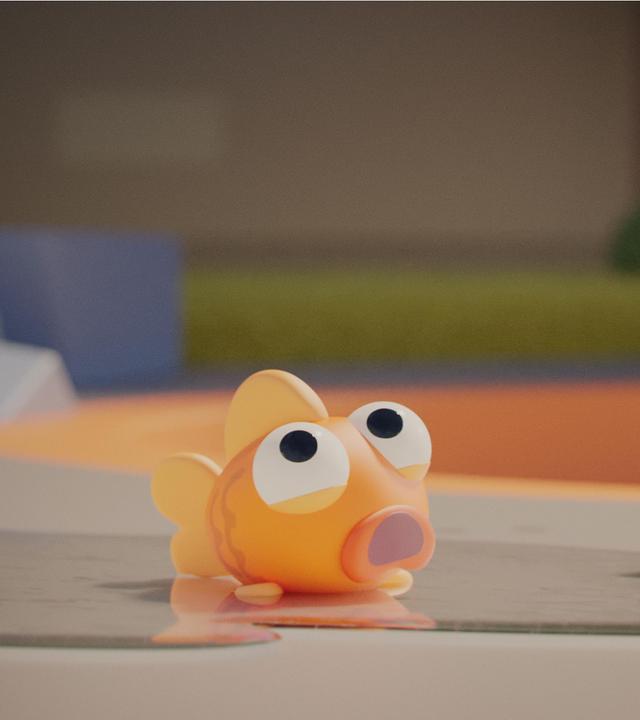 Goldfisch Goldie liegt erschrocken blickend auf dem Boden in einer Wasserpfütze. Rechts neben ihr liegt ihr zerbrochenes Goldfischglas.