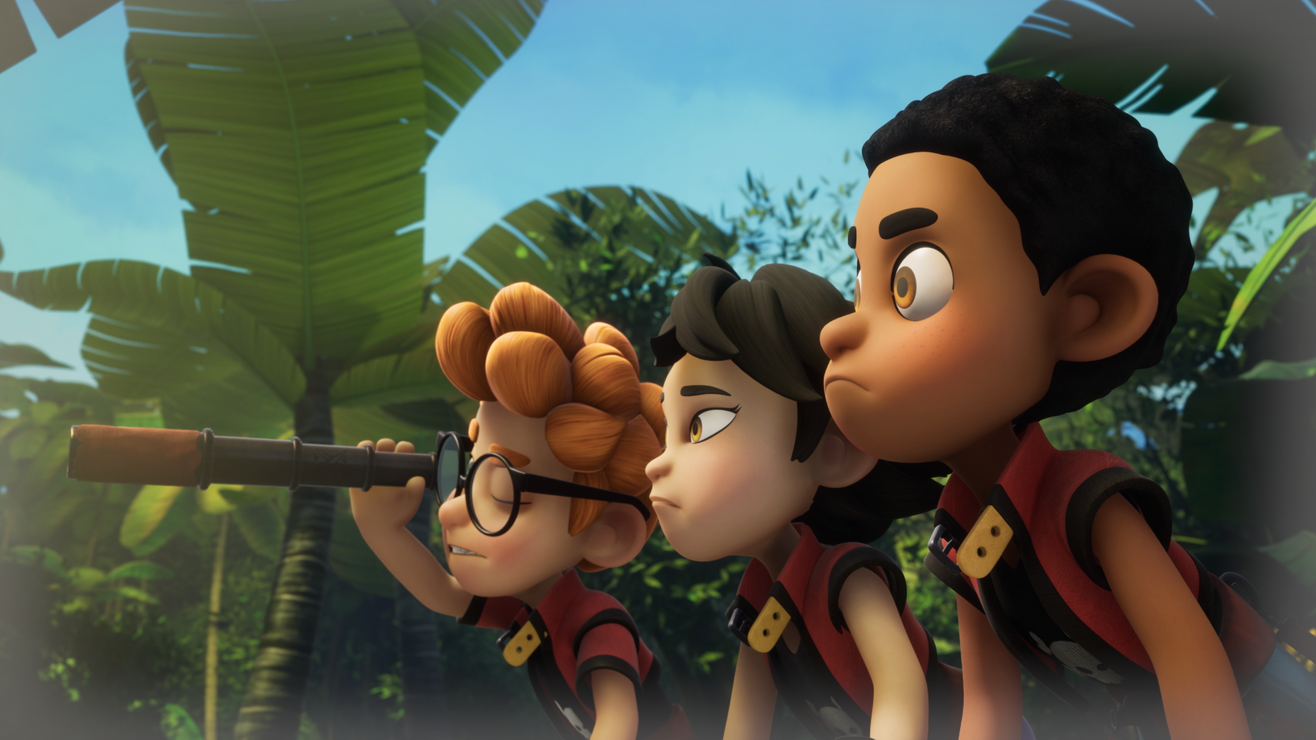 Drei Kinder im Dschungel. Der rothaarige Junge Alexander hält ein langes Fernrohr in den Händen. Skeptisch schaut er hindurch. Daneben stehen Zoe und Finn. Auch die beiden sehen nicht zufrieden aus.