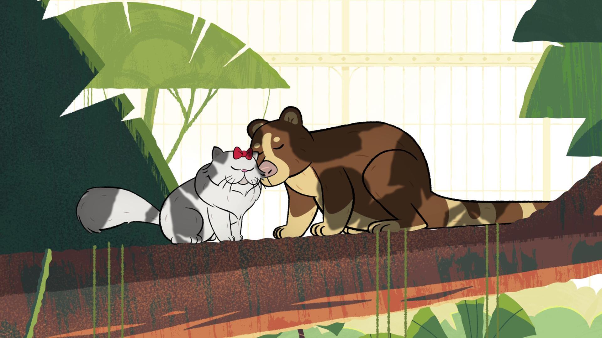 Auf einem Ast sitzend schmusen ein weißes Katzenmädchen, mit roter Schleife auf dem Kopf, und ein braun geflecktes Baumkänguru. Beide halten die Augen geschlossen.