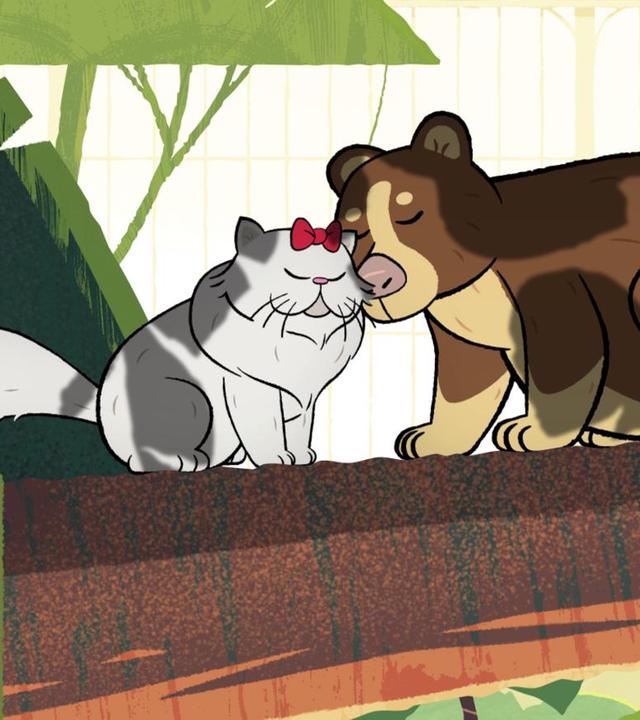 Auf einem Ast sitzend schmusen ein weißes Katzenmädchen, mit roter Schleife auf dem Kopf, und ein braun geflecktes Baumkänguru. Beide halten die Augen geschlossen.