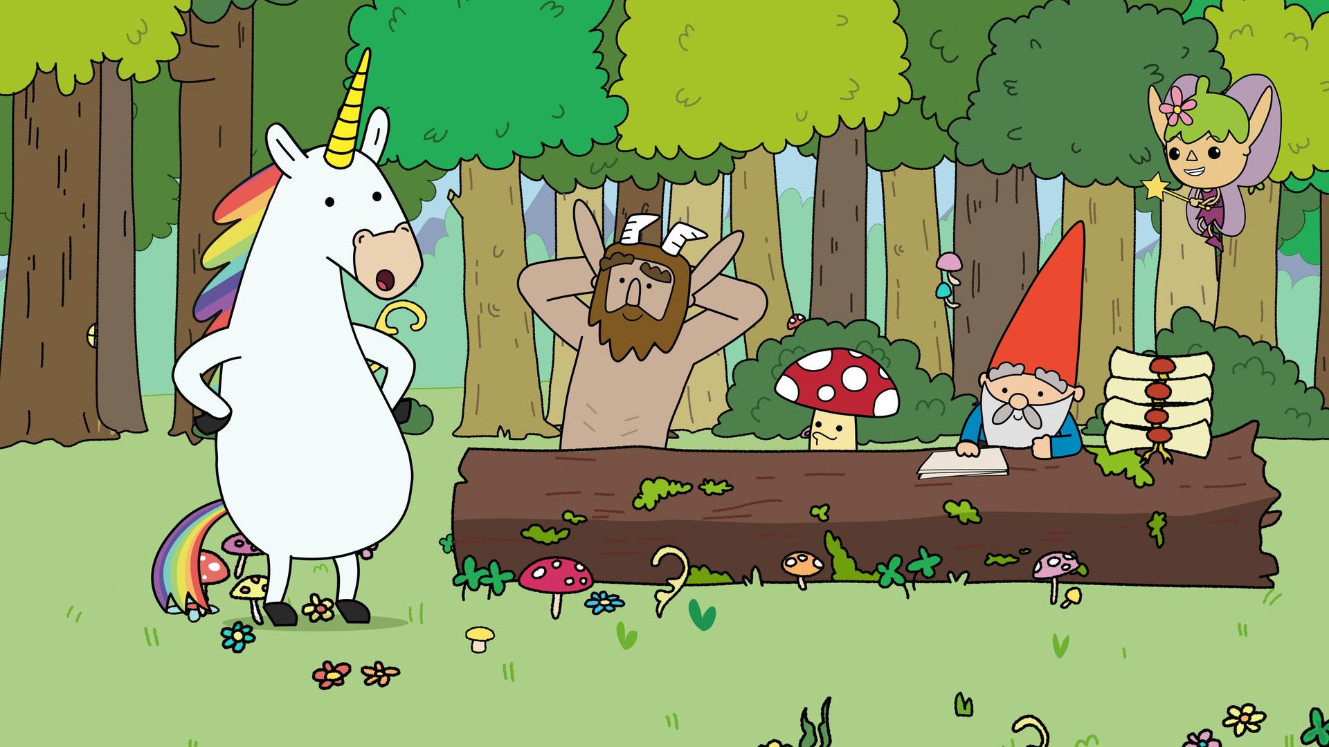 Auf einer Wiese im Wald am liegenden Baumstamm des Rat des Glücks: Hinter dem Baumstamm sitzen Hufius, Tupfen und Herbert nebeneinander. Links daneben steht Blümchen, und rechts daneben schwebt die Fee Twinkle in der Luft. Alle blicken aufmerksam aber entspannt zu Blümchen.