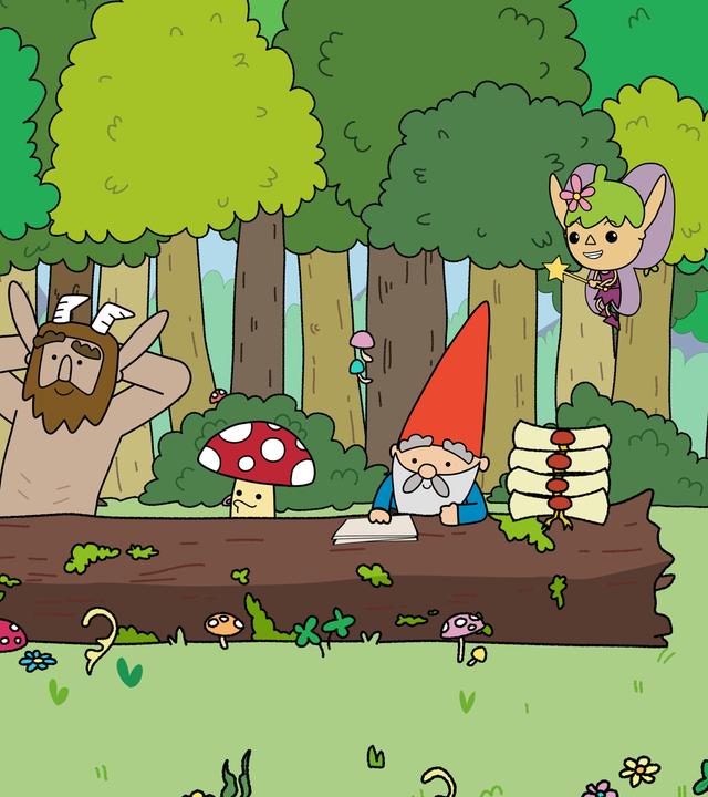 Auf einer Wiese im Wald am liegenden Baumstamm des Rat des Glücks: Hinter dem Baumstamm sitzen Hufius, Tupfen und Herbert nebeneinander. Links daneben steht Blümchen, und rechts daneben schwebt die Fee Twinkle in der Luft. Alle blicken aufmerksam aber entspannt zu Blümchen.