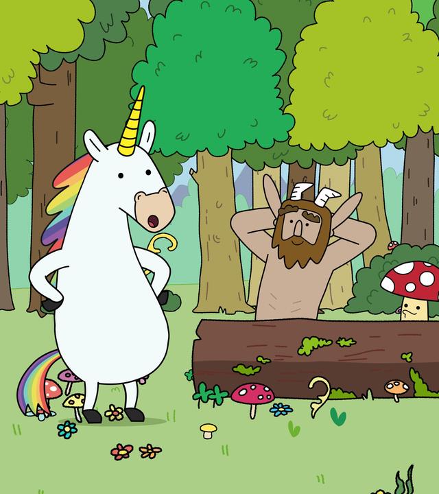 Auf einer Wiese im Wald am liegenden Baumstamm des Rat des Glücks: Hinter dem Baumstamm sitzen Hufius, Tupfen und Herbert nebeneinander. Links daneben steht Blümchen, und rechts daneben schwebt die Fee Twinkle in der Luft. Alle blicken aufmerksam aber entspannt zu Blümchen.