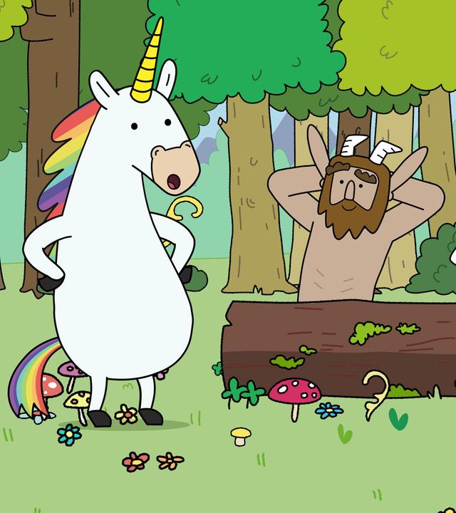 Auf einer Wiese im Wald am liegenden Baumstamm des Rat des Glücks: Hinter dem Baumstamm sitzen Hufius, Tupfen und Herbert nebeneinander. Links daneben steht Blümchen, und rechts daneben schwebt die Fee Twinkle in der Luft. Alle blicken aufmerksam aber entspannt zu Blümchen.