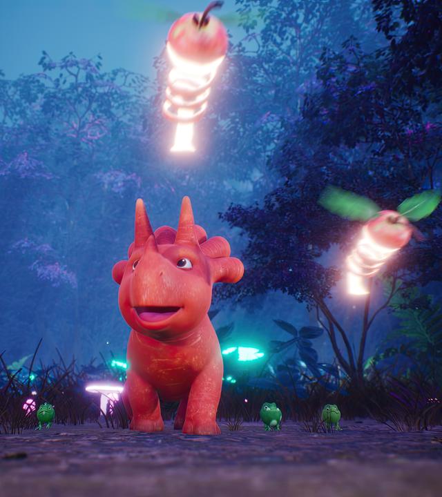 Ginger, das orangefarbene Trikarottops-Mädchen, steht in der Bildmitte und blickt erfreut nach oben. Denn dort schwirren leuchtende Äpfel mit Flügeln - die sogenannten Apfelfliegus. Um sie herum ist ein dunkler, bläulicher Wald mit einigen kleinen Leuchtpilzen.