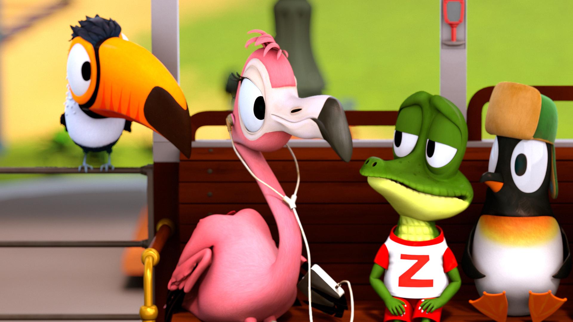 Die Zootiere sitzen nebeneinander in der Bahn. Zacki sitzt in der Mitte und sieht sehr betrübt aus.