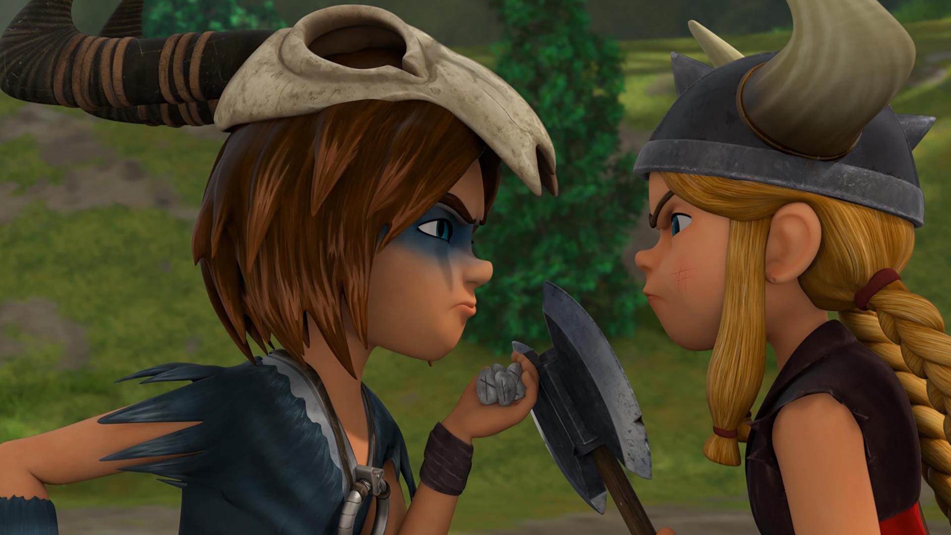 Die Geschwister Stig und Liv stehen sich ganz nah gegenüber und blicken sich wütend an. Stig hält Runensteine in der linken Hand hoch. Liv hat ihre Axt auch in der linken Hand und hält sie ebenfalls hoch.