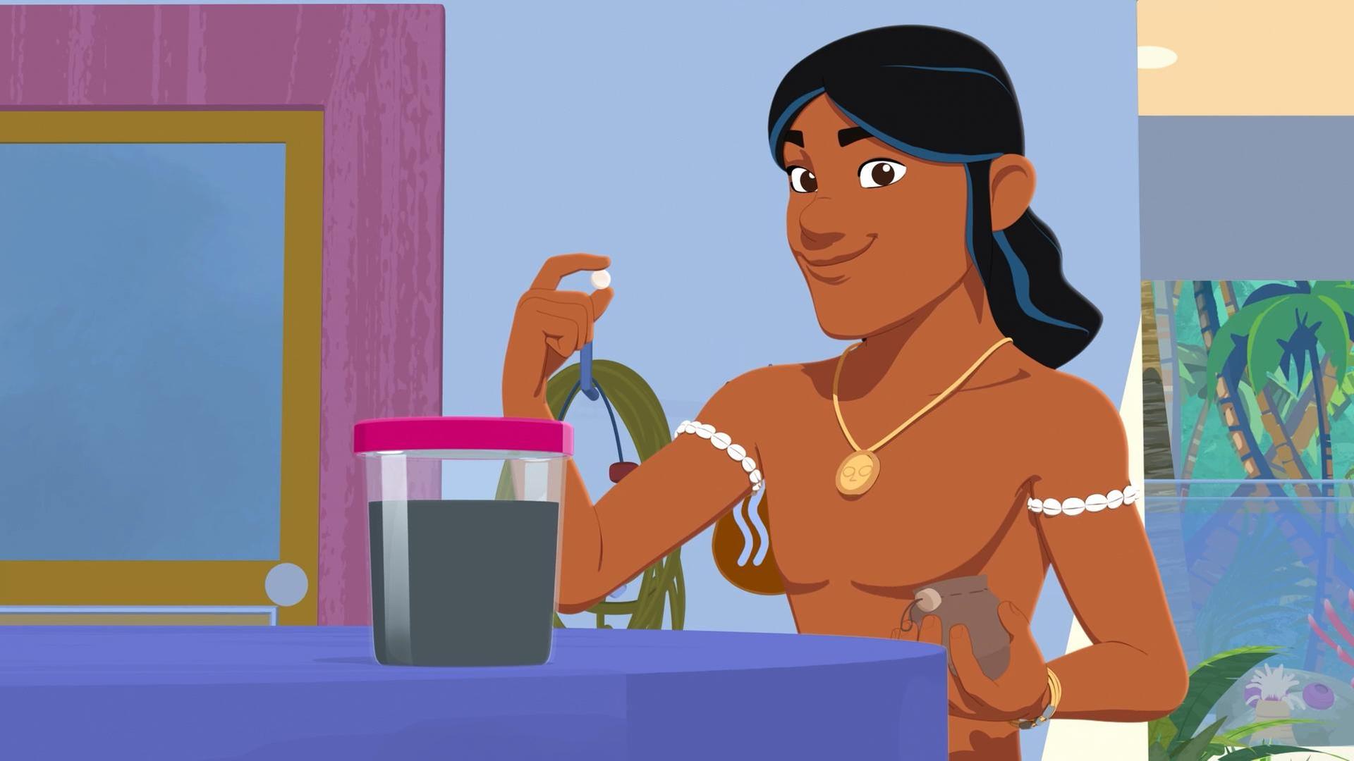 Auru steht vor einem Gebäude an einem hohen Tisch auf dem ein Gefäß mit dunkler Flüssigkeit steht. Auru hält mit der rechten Hand eine weiße Perle hoch und schaut mit einem Lächeln auf das Gefäß.