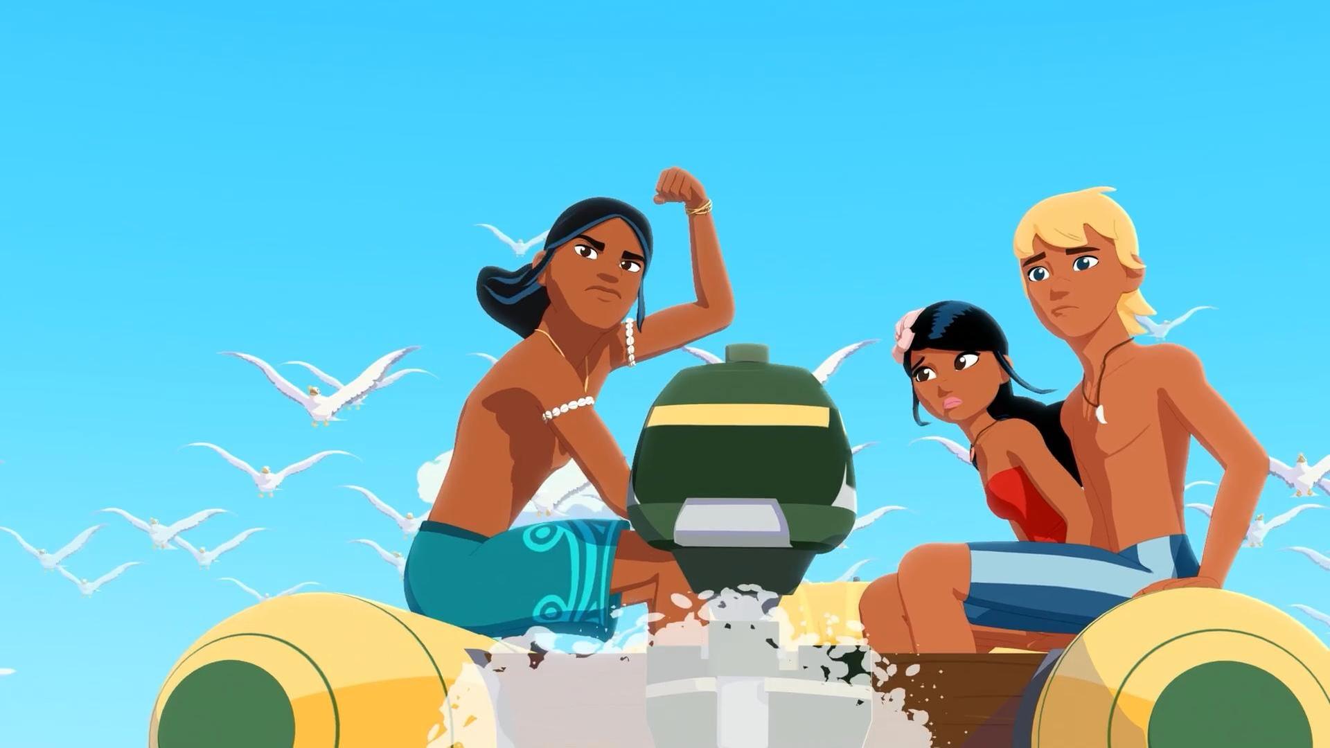 Auru, Timeti und Yann sitzen auf den Seiten eines Schlauchbootes mit Motor, das man von hinten sieht. Sie schauen nach hinten und Auru macht eine entschlossene Geste mit seinem erhobenen linken Arm. Möwen fliegen am blauen Himmel vor dem Boot.