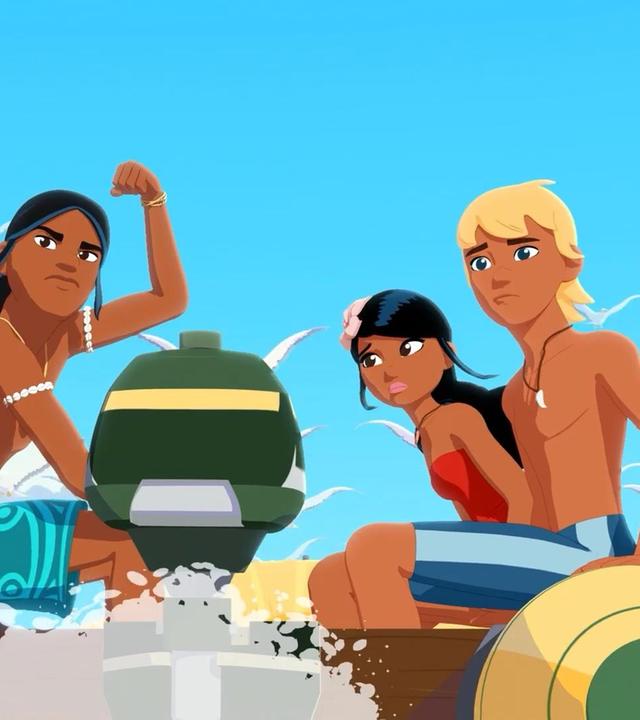 Auru, Timeti und Yann sitzen auf den Seiten eines Schlauchbootes mit Motor, das man von hinten sieht. Sie schauen nach hinten und Auru macht eine entschlossene Geste mit seinem erhobenen linken Arm. Möwen fliegen am blauen Himmel vor dem Boot.