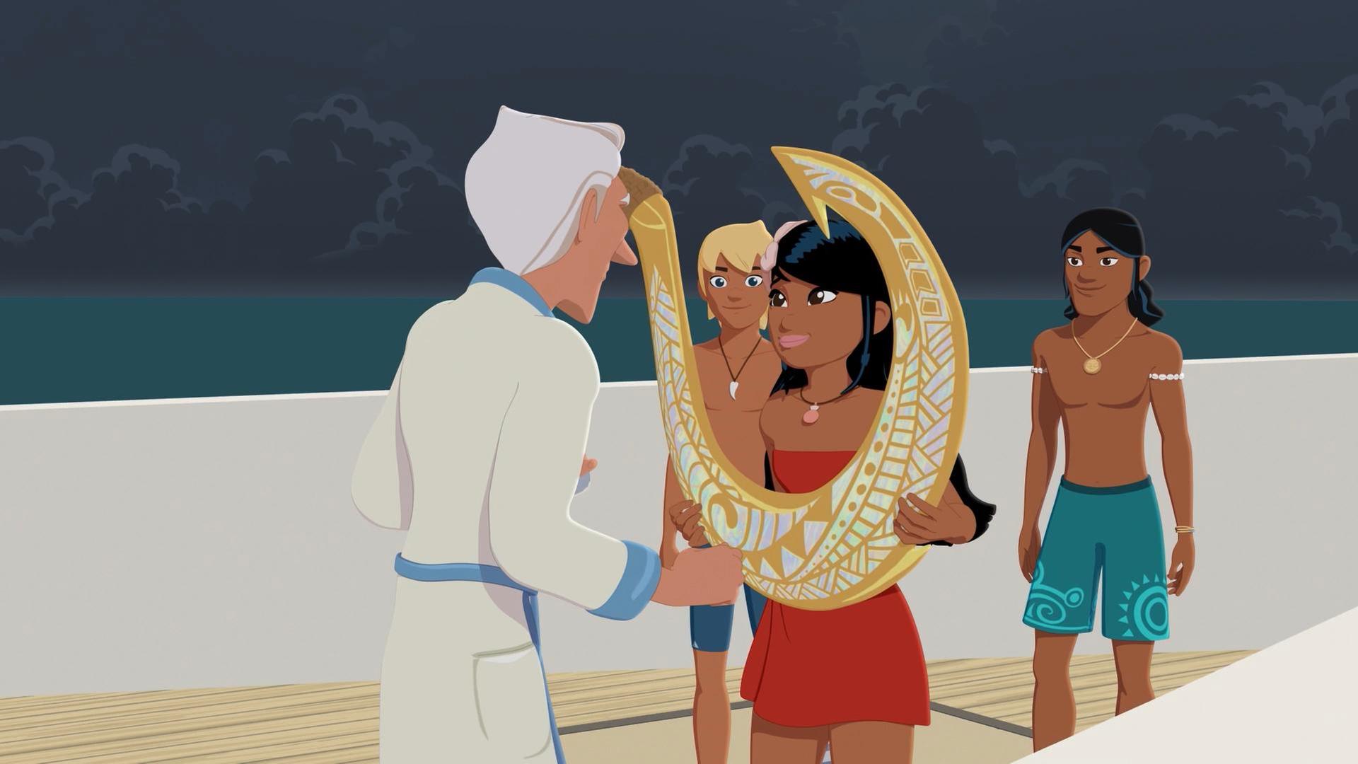 Van Krook steht an Deck eines Schiffes vor der erfreut schauenden Timeti, die einen großen goldenen Haken mit ornamentalen Verzierungen in beiden Händen hält. Van Krook zeigt mit dem rechten Zeigefinger auf den Haken. Hinter Timeti stehen Yann und Auru und schauen erstaunt zu Van Krook.