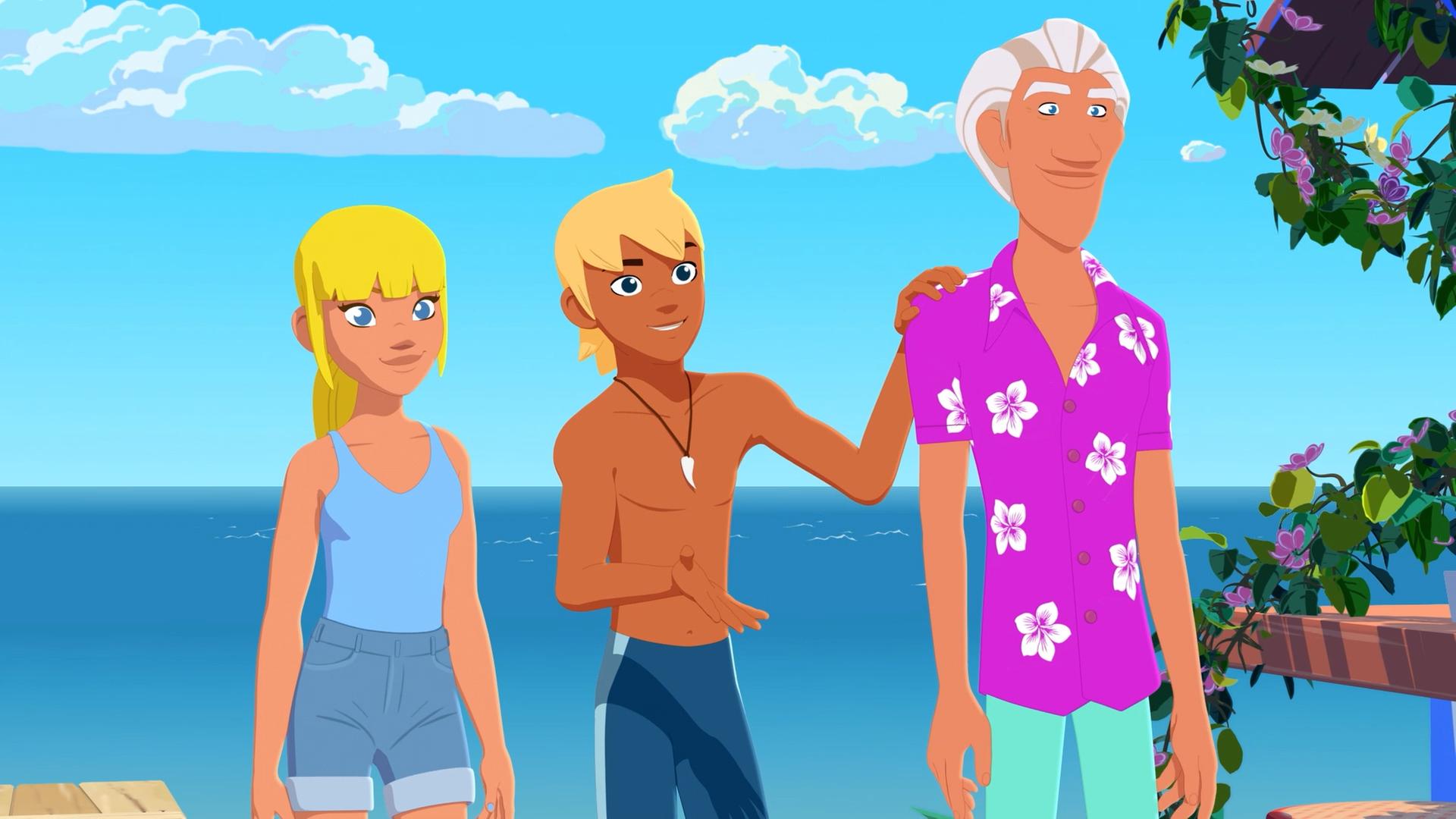 Clarissa, Yann und Floris stehen nebeneinander und schauen aufmerksam nach vorne. Yann hat seine linke Hand auf die rechte Schulter von Floris gelegt. Hinter der Gruppe liegt das blaue Meer unter einem helleren blauen Himmel mit ein paar weißen Wolken. Blühende Zweige ragen von rechts ins Bild.