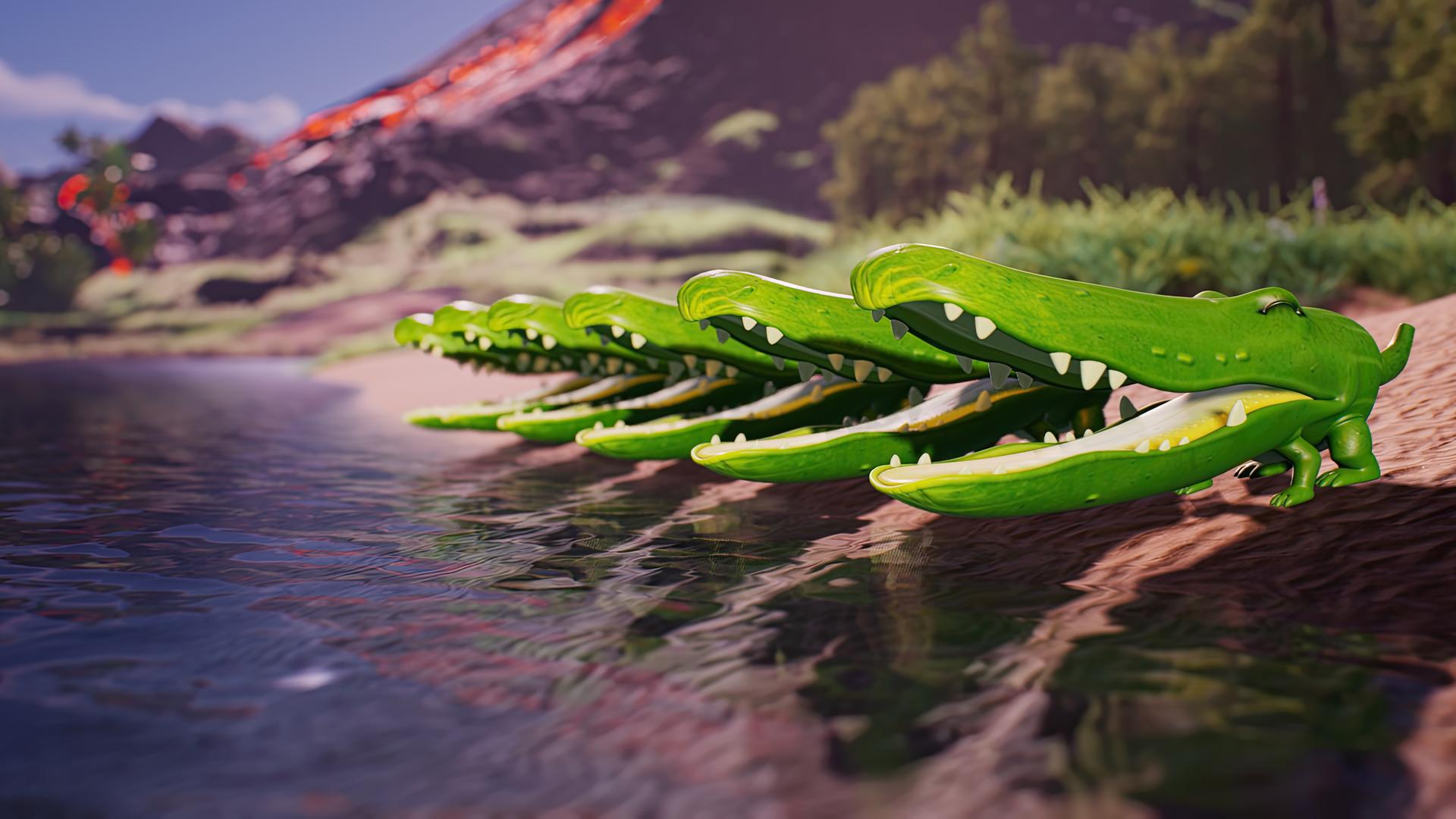Am Ufer eines Sees stehen in einer Reihe mehrere Gurken, die aussehen wie Krokodile. Sie haben ihre großen Münder weit aufgerissen und scheinen zu brüllen. Im Hintergrund fließt aus einem Vulkan rote Lava.