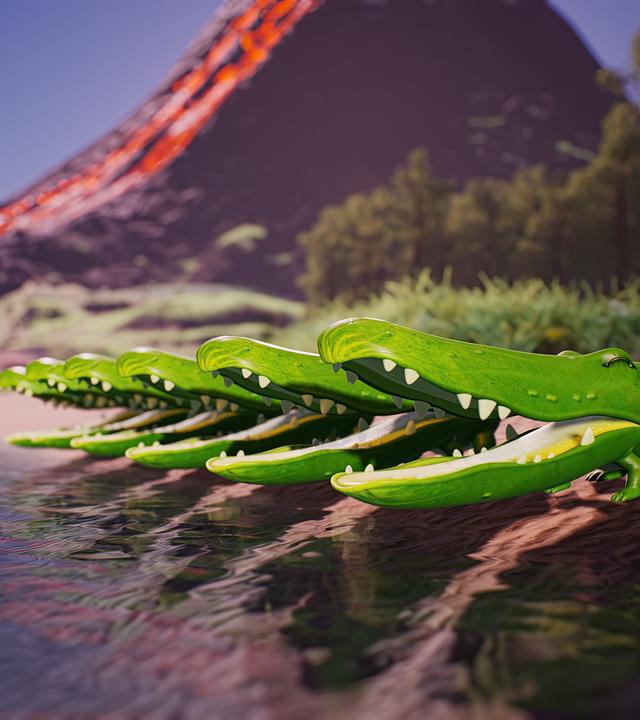 Am Ufer eines Sees stehen in einer Reihe mehrere Gurken, die aussehen wie Krokodile. Sie haben ihre großen Münder weit aufgerissen und scheinen zu brüllen. Im Hintergrund fließt aus einem Vulkan rote Lava.