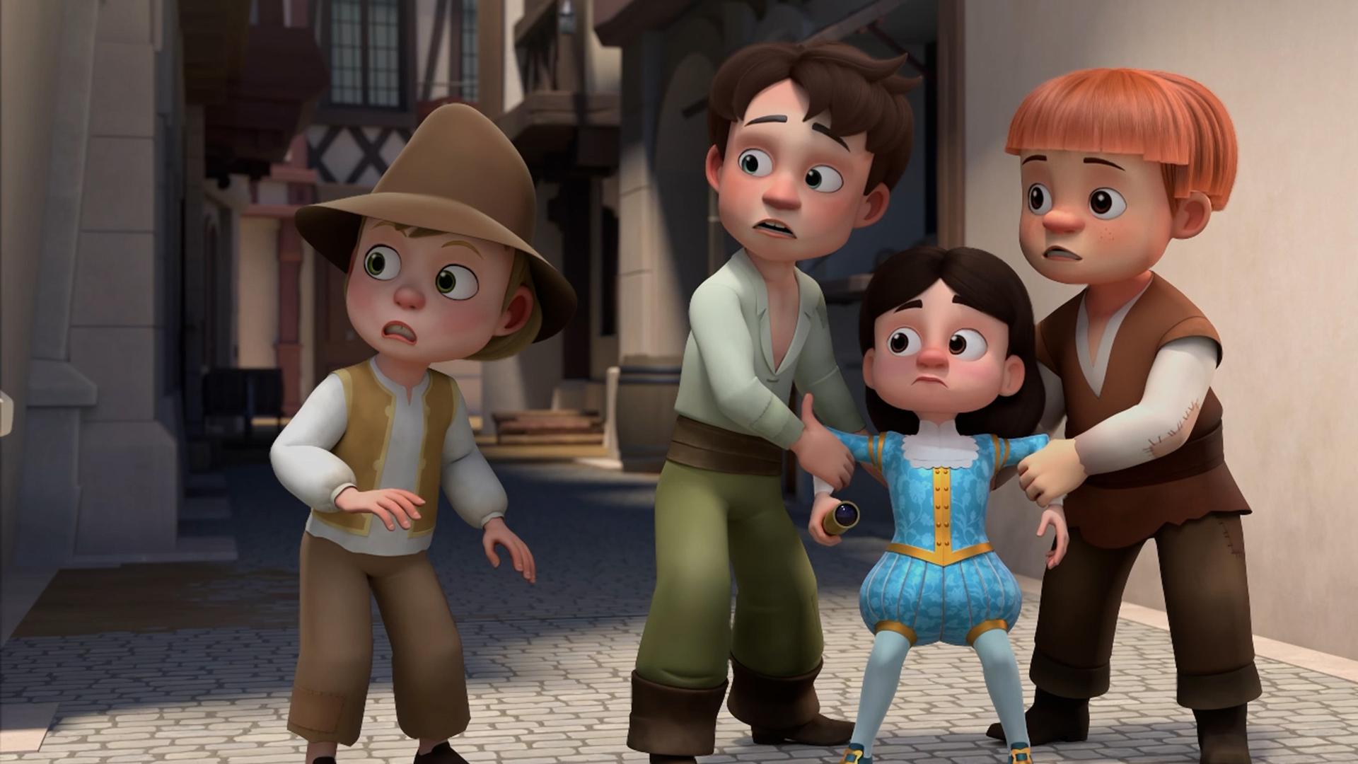 In einer Gasse von Paris: König Louis XIII. steht verängstigt zwischen Philippot und Fourchette, die den König mit festhalten. Neben ihnen befindet sich Grand Pierre. Sie blicken alle erschrocken nach rechts. Um sie herum stehen Häuser.