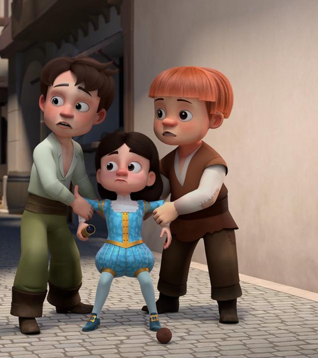 In einer Gasse von Paris: König Louis XIII. steht verängstigt zwischen Philippot und Fourchette, die den König mit festhalten. Neben ihnen befindet sich Grand Pierre. Sie blicken alle erschrocken nach rechts. Um sie herum stehen Häuser.