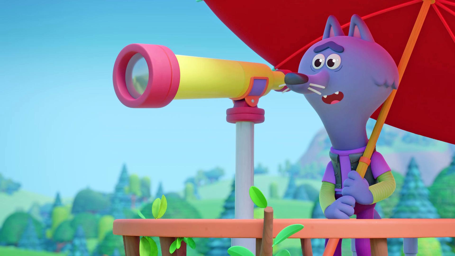 Wir sehen Wilf, den Wolf, wie er mit einem großen, roten Sonnenschirm in der Hand durch ein Fernrohr schaut. Wir sehen eine Art hölzerne Brüstung - Wilf scheint auf einer Terrasse zu stehen.