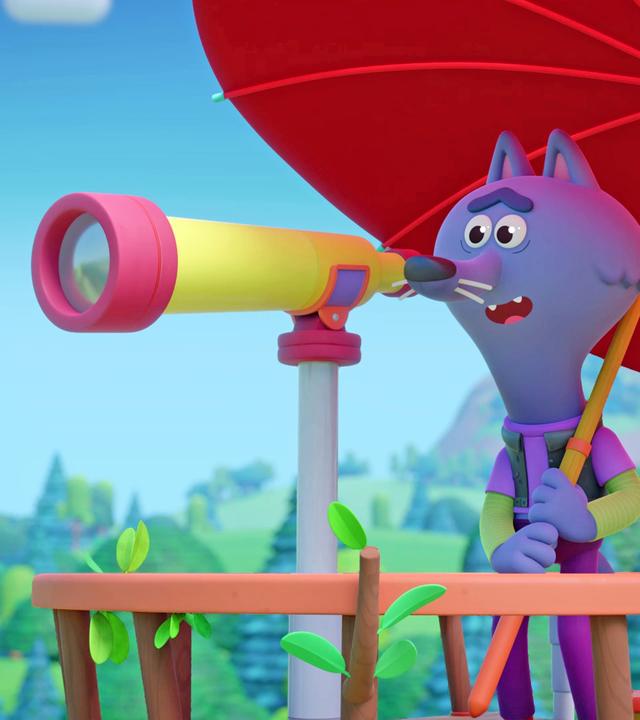 Wir sehen Wilf, den Wolf, wie er mit einem großen, roten Sonnenschirm in der Hand durch ein Fernrohr schaut. Wir sehen eine Art hölzerne Brüstung - Wilf scheint auf einer Terrasse zu stehen.