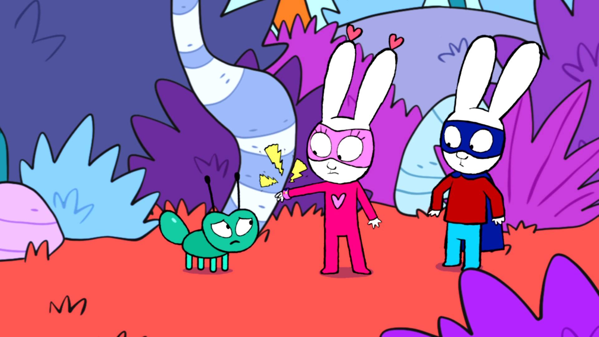 In der Fantasiewelt stehen Super-Lou und Simon Superhase vor einer besorgten Ameise. Mit dem Superscan an ihrem rechten Handgelenk, versucht Super-Lou die vermisste Ameisenkolonie zu finden. Superhase steht fragend blickend hinter Super-Lou.