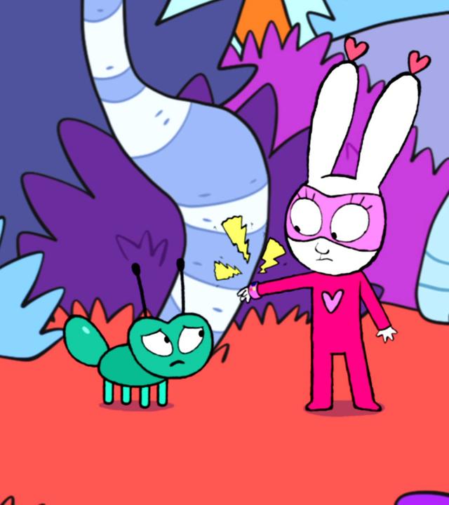 In der Fantasiewelt stehen Super-Lou und Simon Superhase vor einer besorgten Ameise. Mit dem Superscan an ihrem rechten Handgelenk, versucht Super-Lou die vermisste Ameisenkolonie zu finden. Superhase steht fragend blickend hinter Super-Lou.