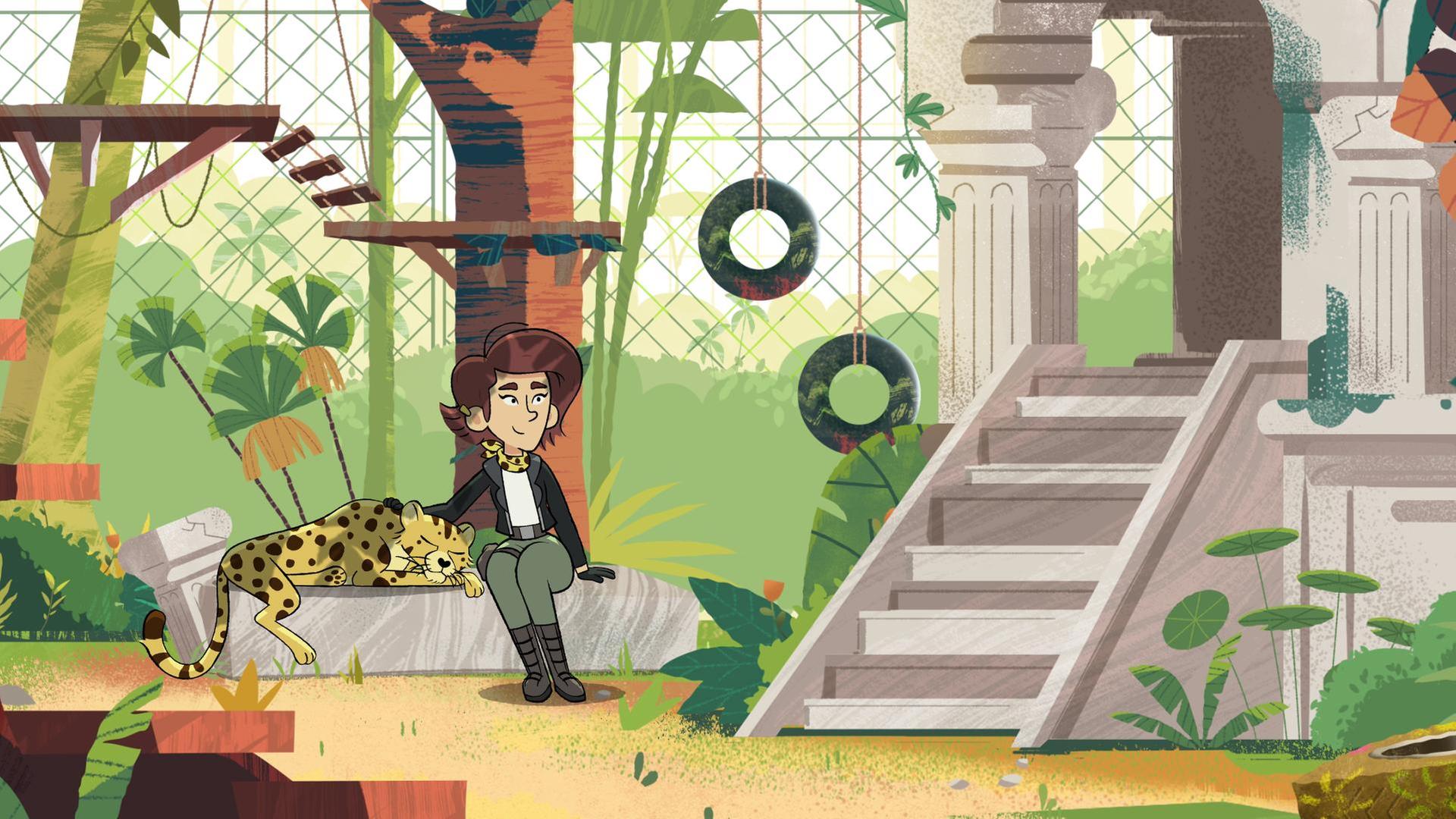 In einem schönen Raubtiergehege sitzt eine Frau auf einem großen Stein. Sie streichelt eine schlafende Gepardin. Im Hintergrund sieht man zwei Autoreifen an einem Seil und zwei Liegevorrichtungen im Baum, die durch eine kleine Hängeleiter verbunden sind. Eine Felsentreppe führt in eine höhere Etage.