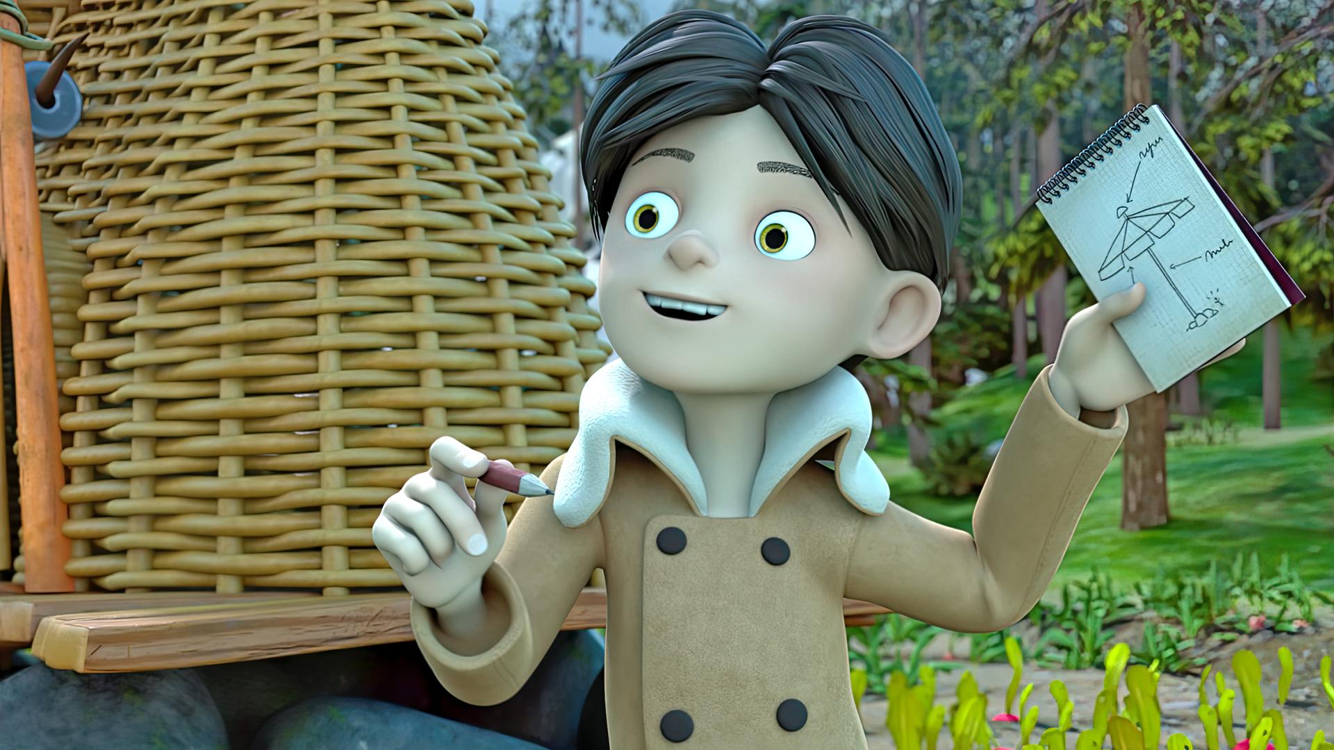 Klincus steht vor seiner Scheune und hält stolz blickend eine Zeichnung auf einem Block mit einem Sonnenschirm drauf in seiner linken Hand. In der rechten Hand hält er einen Bleistift.