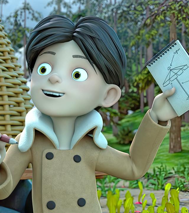 Klincus steht vor seiner Scheune und hält stolz blickend eine Zeichnung auf einem Block mit einem Sonnenschirm drauf in seiner linken Hand. In der rechten Hand hält er einen Bleistift.