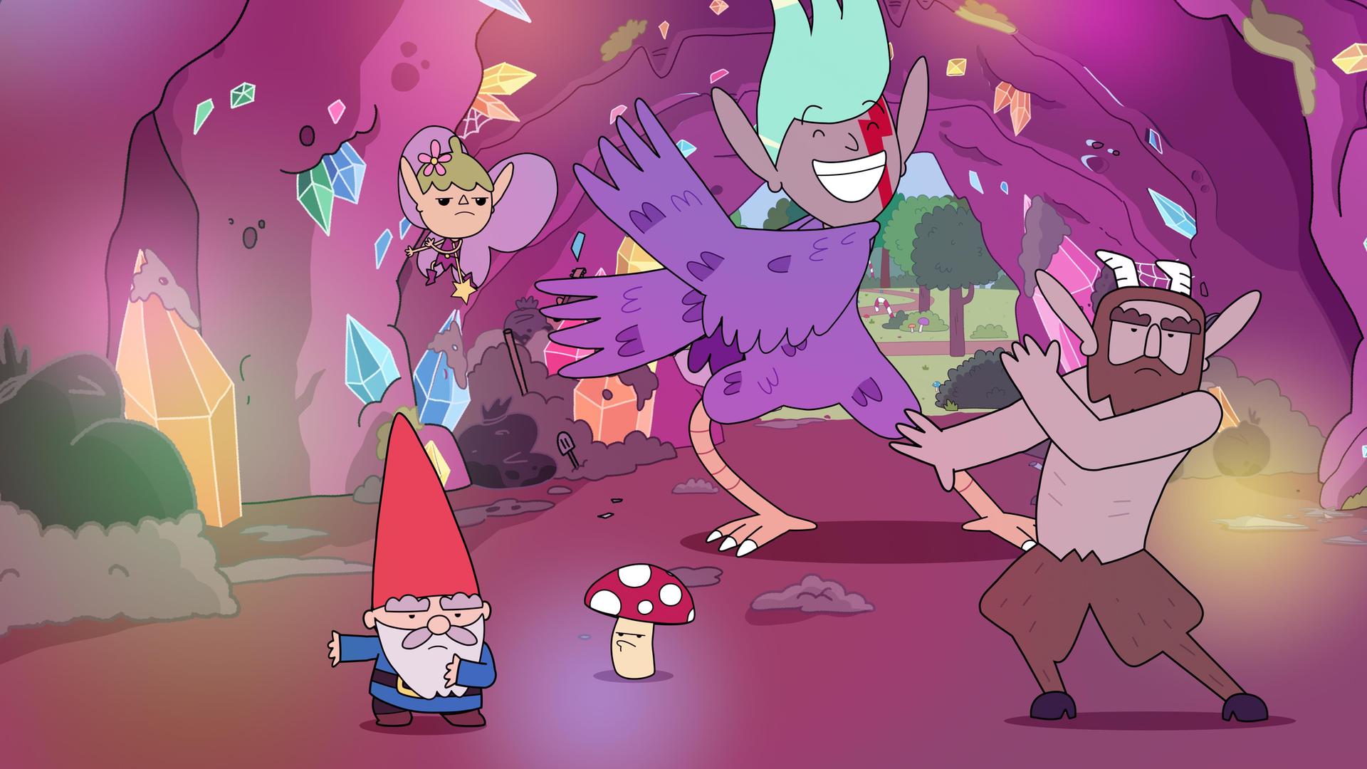 In einer Höhle voller bunter Kristalle, die an den Wänden und der Decke leuchten, und an deren Seite ein Spiegel steht, tanzt breit grinsend die Party-Harpyie mit dem Rücken zum Ausgang. Herbert, Twinkle, Tupfen und Hufius machen die Tanzbewegungen der Party-Harpyie nach, wirken dabei jedoch mürrisch und gezwungen.