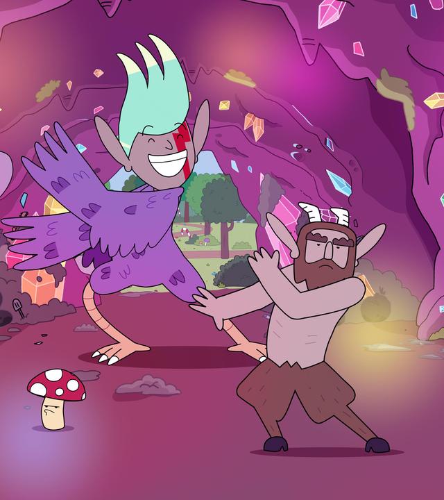 In einer Höhle voller bunter Kristalle, die an den Wänden und der Decke leuchten, und an deren Seite ein Spiegel steht, tanzt breit grinsend die Party-Harpyie mit dem Rücken zum Ausgang. Herbert, Twinkle, Tupfen und Hufius machen die Tanzbewegungen der Party-Harpyie nach, wirken dabei jedoch mürrisch und gezwungen.