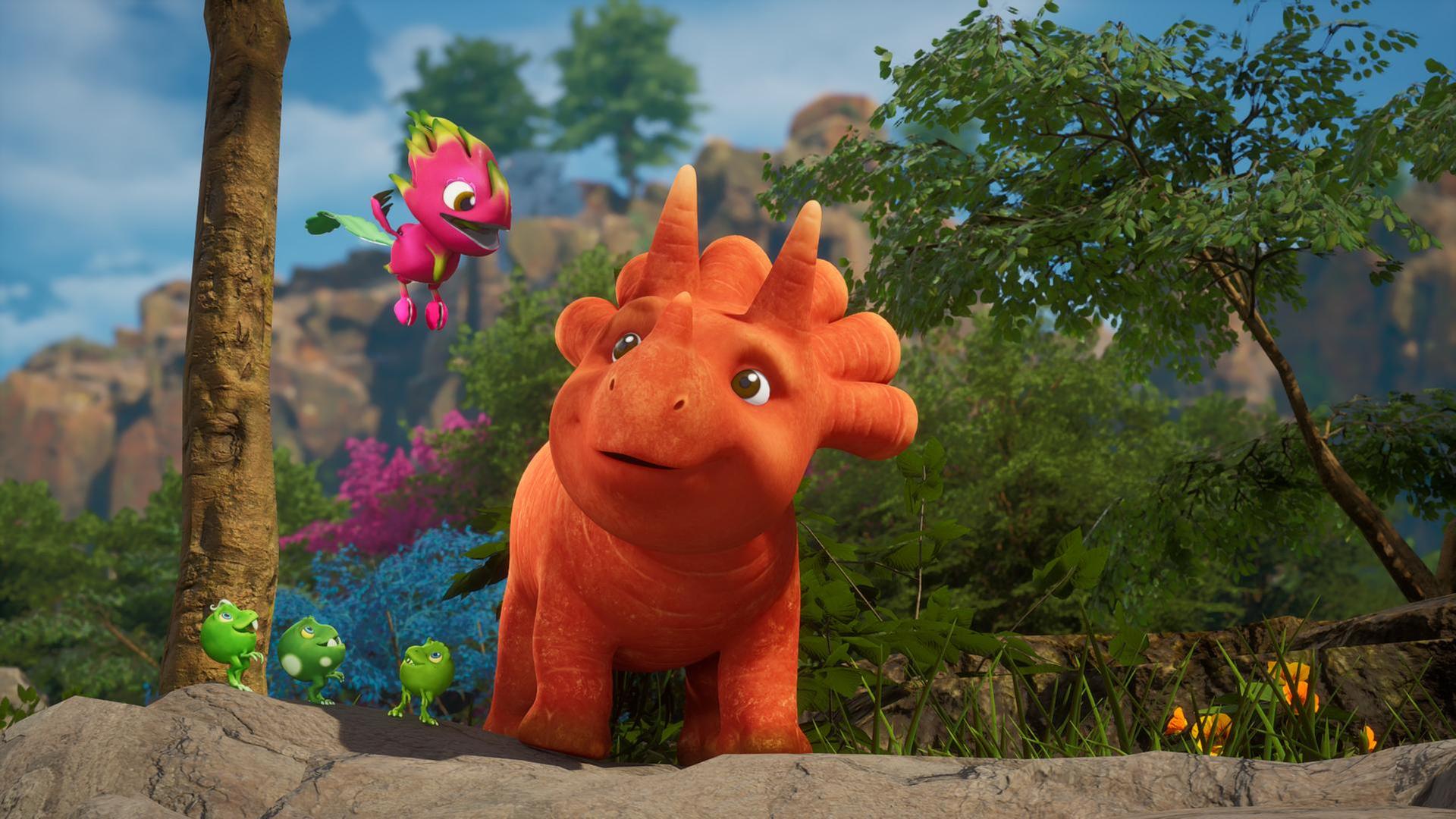 Neben Ginger, dem Trikarottops-Mädchen, schwebt ein Drachenfruchtfliegus, Auch die drei Erbs-Rexe stehen neben Ginger und schauen ebenfalls hinauf zum Drachenfruchtfliegus. (Ein Drachenfruchtfliegus ist ein Fantasie-Wesen. Es ist ein Vogel und sieht aus wie eine bunte Drachenfrucht.) Im Hintergrund sehen wir eine felsige Landschaft und einige Bäume und Sträucher.