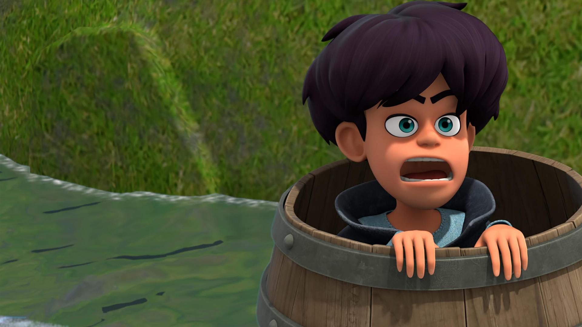 Taramis, ein junger Dieb, treibt in einem Fass sitzend auf dem Fluss. Er hat den Mund erschrocken weit aufgerissen.