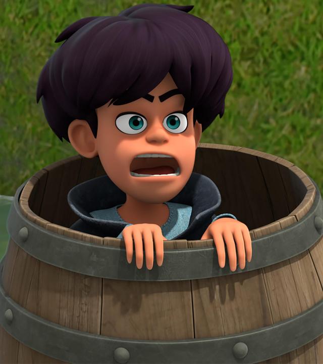 Taramis, ein junger Dieb, treibt in einem Fass sitzend auf dem Fluss. Er hat den Mund erschrocken weit aufgerissen.